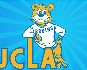 ucla-mascot-story-363-241 An illustration of a gold Joe Bruin in a white sweater leaning against a yellow illustration of "UCLA," with an elongated "L."
