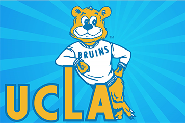 An illustration of a gold Joe Bruin in a white sweater leaning against a yellow illustration of "UCLA," with an elongated "L."