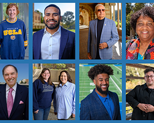 Photo collage featuring 2024 recipients of UCLA Awards from the Alumni Association. Clockwise from top left: Donna Cox Wells, Cesar Pacheco Garcia, Asad Madni, Shirley Weber, Refik Anadol, Chase Griffin, Elizabeth Zachry and Marina Lemas of the UCLA Alumni San Francisco Bay Area Network, and Gary Greene.