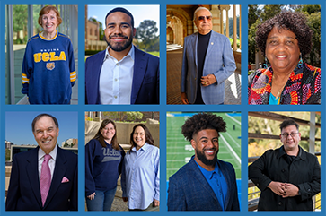 Photo collage featuring 2024 recipients of UCLA Awards from the Alumni Association. Clockwise from top left: Donna Cox Wells, Cesar Pacheco Garcia, Asad Madni, Shirley Weber, Refik Anadol, Chase Griffin, Elizabeth Zachry and Marina Lemas of the UCLA Alumni San Francisco Bay Area Network, and Gary Greene.
