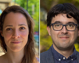 From left to right, a diptych of Raphaëlle Burns and Javier Patiño Loira in outdoor settings.