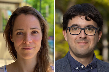 From left to right, a diptych of Raphaëlle Burns and Javier Patiño Loira in outdoor settings.