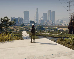 A young girl, rendered using Grand Theft Auto’s game graphics, looks out at a revitalized L.A. River and the cityscape beyond.