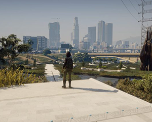 Grand-Theft-eco-character-overlooking-Los-Angeles-UCLA-LENS-363-241 A young girl, rendered using Grand Theft Auto’s game graphics, looks out at a revitalized L.A. River and the cityscape beyond.