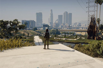 A young girl, rendered using Grand Theft Auto’s game graphics, looks out at a revitalized L.A. River and the cityscape beyond.