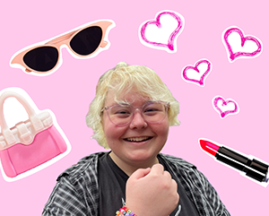 CW_SillyQuestionsSmartBruins_Barbie_363-241 Anadaios "Ana" Box against a pink background with illustrations of a pink handbag, pink sunglasses, pink lipstick and four white hearts outltines in pink.