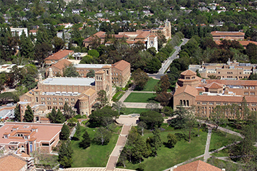 Aerial view of UCLA's Janss Steps and Dickson Plaza