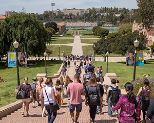 Janss+Steps-Admissions-363-241 A large assembly of people going down Janss Steps on a sunny day.