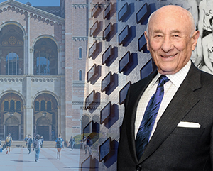 Luskin-QA-Hero-363-241 Photo collage, left to right: UCLA’s Royce Hall (photo credit: UCLA); windows on Bunche Hall, home of the UCLA Department of History (photo credit: UCLA); Meyer Luskin (photo credit: Reed Hutchinson/UCLA); Meyer Luskin on the UCLA boxing team from the 1949 UCLA yearbook.