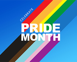 Pride-in-focus-363-241 A graphic with a vibrant blue background featuring a diagonal rainbow stripe with colors red, orange, yellow, green, blue, and purple transitioning into black and brown stripes. Overlaid text in bold white letters reads ‘CELEBRATE PRIDE MONTH.’ The image symbolizes inclusivity and the celebration of LGBTQ+ Pride Month.