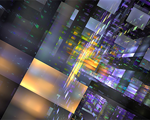 Reflective+363-241 Blue and yellow reflective surfaces with light refractions and geometric patterns.