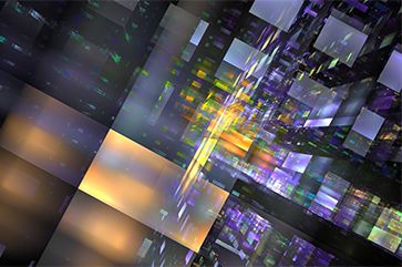 Blue and yellow reflective surfaces with light refractions and geometric patterns.