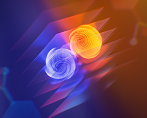 illustration-nano-molecules-363-241 Conceptual illustration showing a pair of electrons spinning in opposite directions.