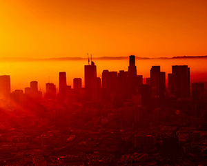 hazy-dt-la-363-241 Hazy downtown L.A. orange skyline.
