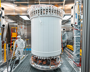 Alvine-Kamaha-Dark-Matter-363-241 LUX-ZEPLIN's central detector, the time projection chamber, in a surface lab clean room before delivery underground.