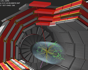 CERN2-363-241 W boson candidate event with a reconstructed muon (red line) recorded with the Compact Muon Solenoid detector