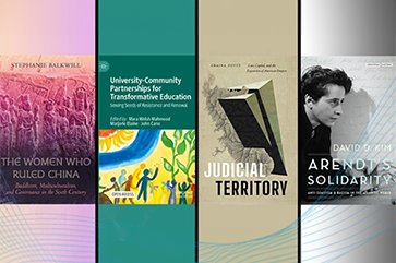 A composite image of books by Professors Stephanie Balkwill, Marjorie Elaine, Shaina Potts and David Kim, respectively,