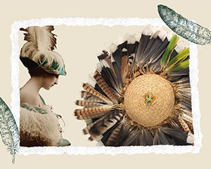 Presence+and+Plumage-363-241 Composite image of a woman wearing ostrich feathers and then a feathered woven Huichol hat