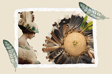 Composite image of a woman wearing ostrich feathers and then a feathered woven Huichol hat