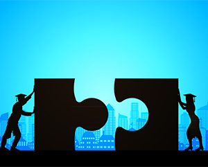 Scholars-with-puzzle-pieces-363-241 Illustration of two silhouetted figures pushing puzzle pieces together with city buildings in the background