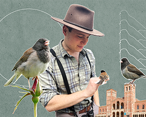 d-e-j-363-241 Composite image of doctoral student Joey Di Liberto and dark-eyed juncos and campus buildings.