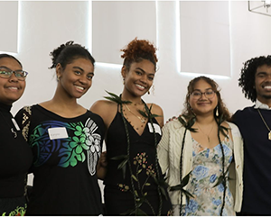 AANAPISI-Institution-363-241 Undergraduate students Ultei, Karyss, Jiorden, Lavon, and Amarii from the Pacific Islander Student Association at the UCLA Pasifika Studies Community Reception on October 19.