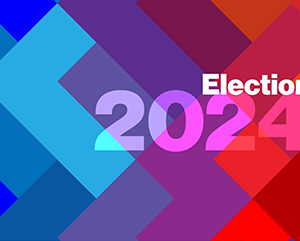 Election+360-363-241 Abstract image of Tetris-like shapes with a color gradient ranging from blue hues on the left to red hues on the right, with purple in the middle, and the text "Election 2024"