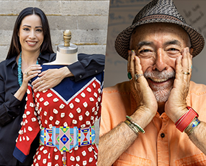 Herrera-RedStar-363-241 Split-screen image featuring Wendy Red star on left and Juan Felipe Herrera on right