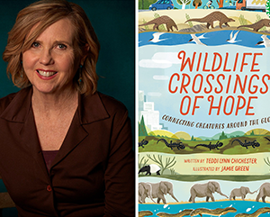 Teddi-Chichester-and-book-363-241 Portrait of Teddi Chichester and the cover of her book “Wildlife Crossings of Hope: Connecting Creatures Around the Globe."