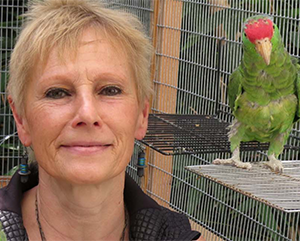 Ursula-Heise-Biophiliax-363-241 Ursula Heise inside a cage with a green parrot perched on a ledge close to her face.