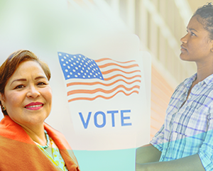 Voting+Latina+Futures+363-241 Collage of Latino women surrounded by emblems that advocate for voting.