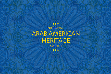 Blue banner with mandala-inspired designs and in yellow font, the words: "National Arab American Heritage Month."