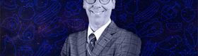 A black and white, head-and-shoulders headshot of Jack Bobo superimposed against a galaxy with blue outlines of constellation-shaped fruits and vegetables.