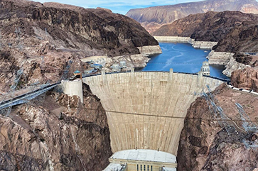 Hoover Dam and Lake Mead, with mountains on either side