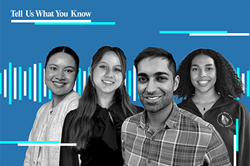 Composite of four podcast guests with “Tell us what you know” in left top corner
