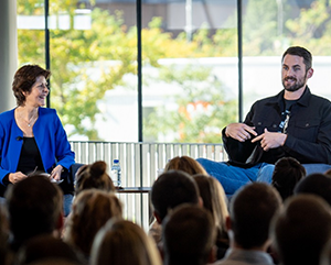 Craske-Love-363-241-PF-EA Dr. Michelle Craske and Kevin Love in discussion at an event for World Mental Health Day.