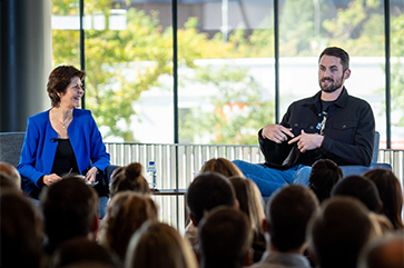 Dr. Michelle Craske and Kevin Love in discussion at an event for World Mental Health Day.