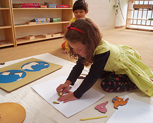 Preschoolers+play-363-241 Preschool-aged girl in yellow dress plays on the floor with geography shape puzzle as young boy watches behind her