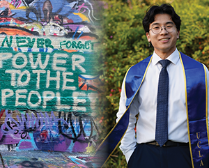 SS_NewsroomRyanHorioImage_-363-241 Composite of graffiti art with “Never forget power to the people” and Ryan Horio in graduation stole