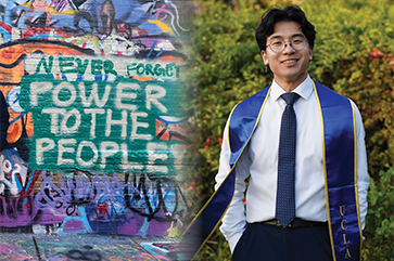 Composite of graffiti art with “Never forget power to the people” and Ryan Horio in graduation stole