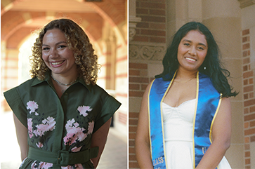 Side by side portraits of Bella Brannon and Dhanya Charan, both outside of UCLA Royce Hall