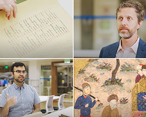 Islamicate-Manuscripts-video-stills-collage-363-241 Luke Yarbrough (top right) and Azeem Malik (bottom left) with images of pages from manuscripts in the UCLA Library collection