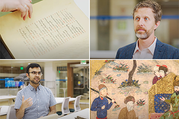 Luke Yarbrough (top right) and Azeem Malik (bottom left) with images of pages from manuscripts in the UCLA Library collection