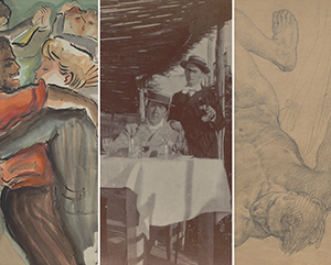 Queer-Kin-exhibition-triptych-363-241 Details of 3 images in Queer Kin exhibition, from left: men dancing in watercolor "Illustration for Wilde's Dorian Gray" by Alex Székely; photograph of Oscar Wilde and Lord Alfred Douglas; and sketch of Harrison Post by Allyn Cox.