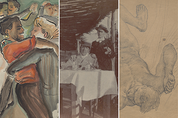 Details of 3 images in Queer Kin exhibition, from left: men dancing in watercolor "Illustration for Wilde's Dorian Gray" by Alex Székely; photograph of Oscar Wilde and Lord Alfred Douglas; and sketch of Harrison Post by Allyn Cox.