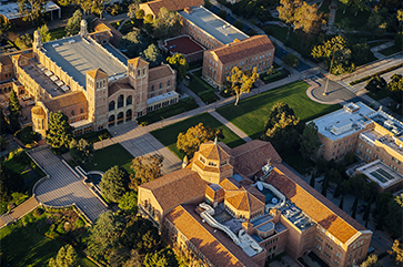 Aerial view of UCLA’s Dickson Plaza, including Royce Hall (top left) and Powell Library (bottom center).