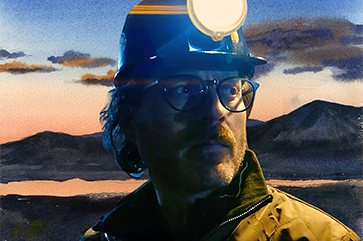 Jonathan Webb, a 2025 Pritzker nominee and Co-founder of The Nuclear Company, wears a hard hat and glasses while looking into the distance. A soft watercolor-style mountain landscape appears behind him.