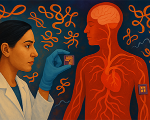 An art rendition of a scientists applying a sensor to a human body