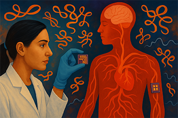 An art rendition of a scientists applying a sensor to a human body