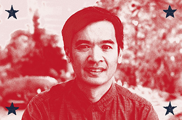 Stylized red-toned portrait of Terence Tao with short dark hair wearing a button-up shirt, set against a blurred outdoor background with foliage and buildings. Four dark blue stars frame the corners, giving the image a graphic, poster-like appearance.